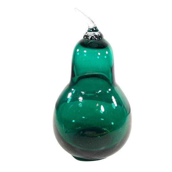 Vtg Blenko Hand Blown Glass Pear Emerald Green Clear Applied Stem Fruit MCM - Picture 2 of 7